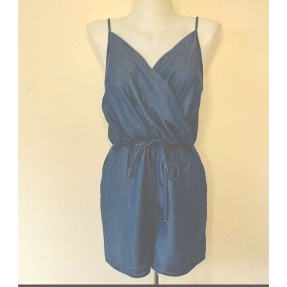 Chambray Romper One Piece Open Back Sleeveless Boho Coastal Resort Size Medium